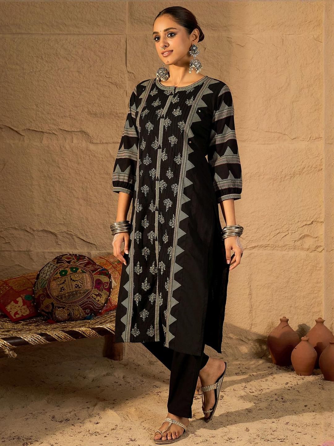 Dhiyona IE Printed Pure Cotton Round Neck Tunic With Trousers