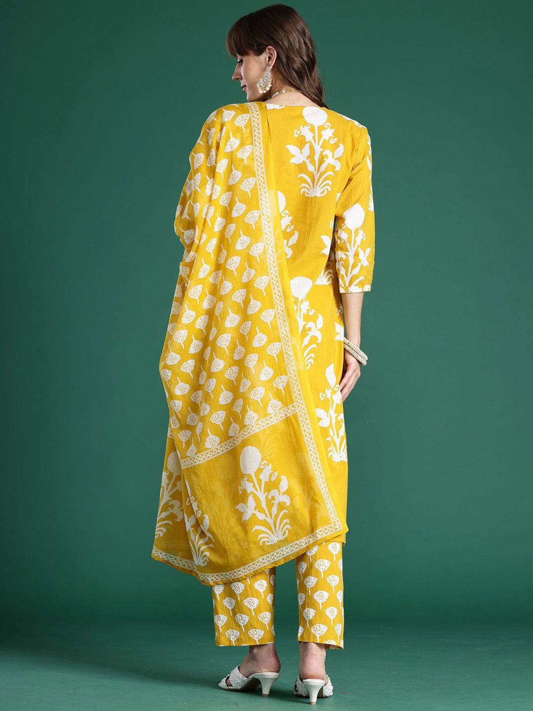 Floral Printed Mirror Work Pure Cotton Kurta With Trousers & Dupatta