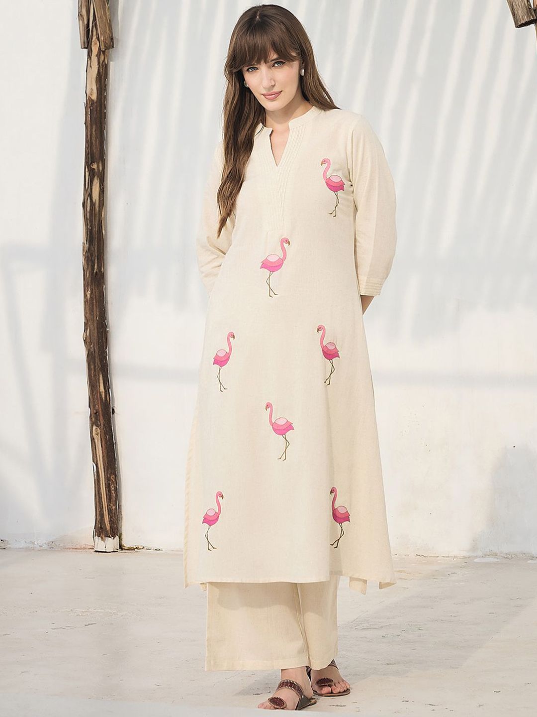 Dhiyona IE Floral Printed Pure Cotton Mandarin Collar Tunic With Trousers