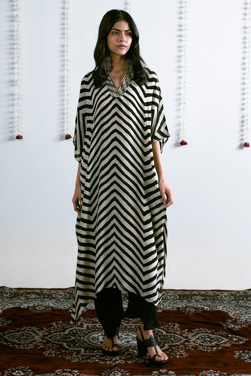 Women's Cream and Black Viscose Crepe Printed Kaftan With Viscose Crepe Bottom
