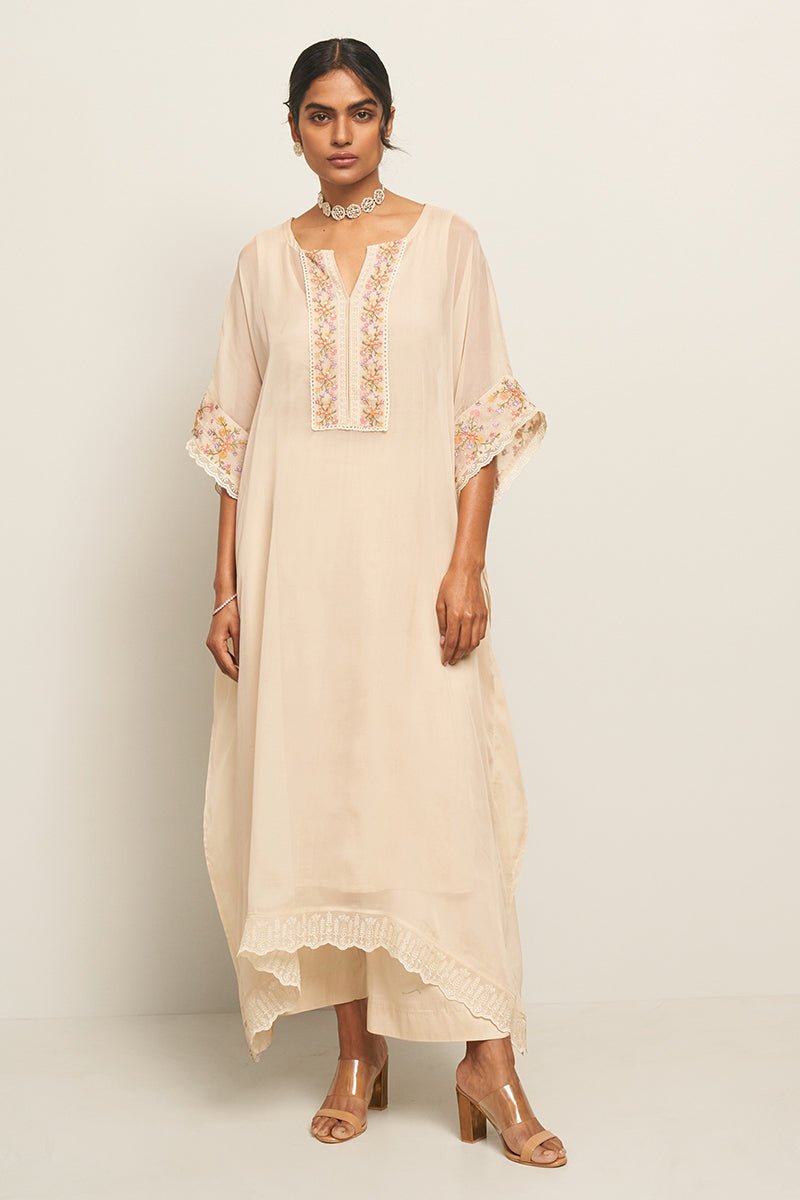 Women's Almond Milk Organza Kaftan With Multi Colour Thread Embroidery With Lace Detailing