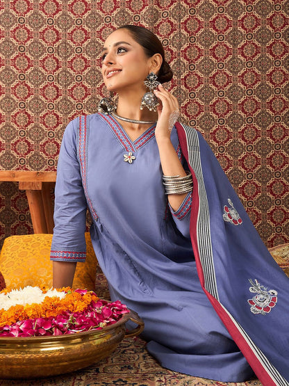 Ethnic Motifs Embroidered Sequinned Pure Cotton Kurta With Trousers & Dupatta