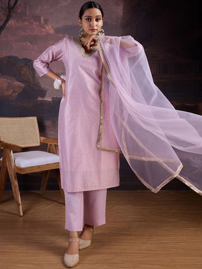 Dhiyona PD Women Floral Woven Design Straight Kurta With Trousers & Dupatta