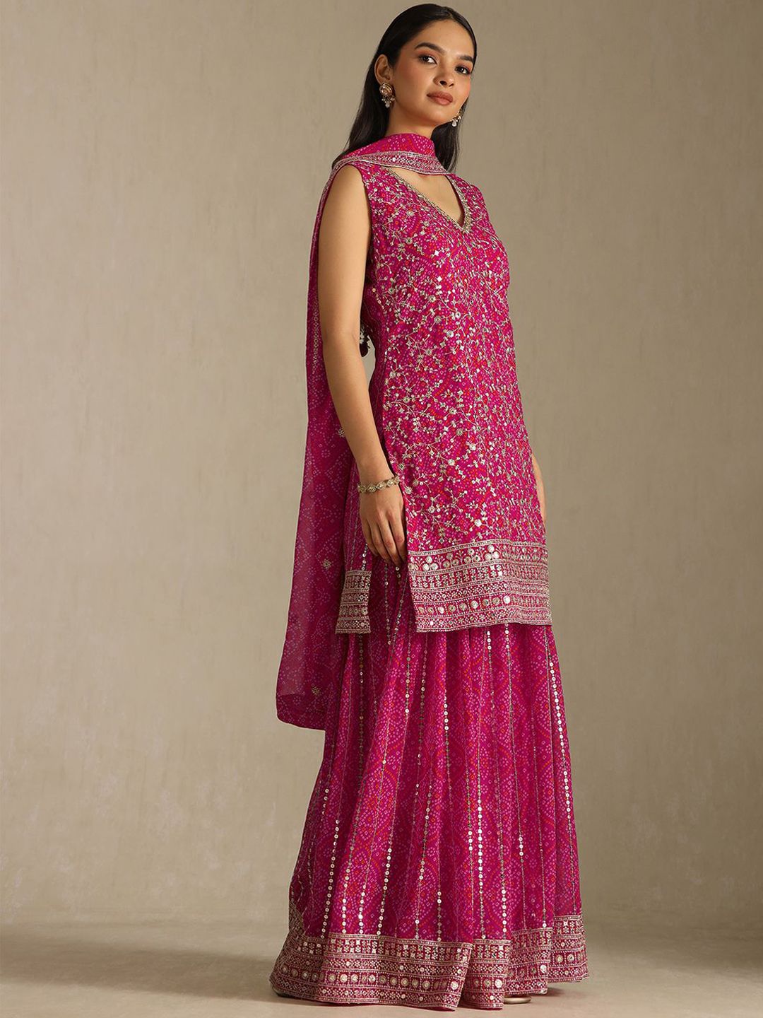 Dhiyona SO Women's Women Bandhani Embroidered Kurta with Sharara & Dupatta