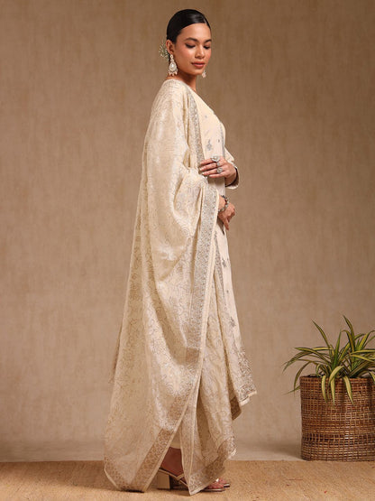 Dhiyona SO Women's Ethnic Motifs Embroidered Notch Neck Sequinned Straight Kurta With Trousers & Dupatta