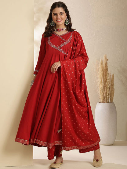 Dhiyona SN Women's Embroidered V-Neck Anarkali Kurta With Trouser & Dupatta