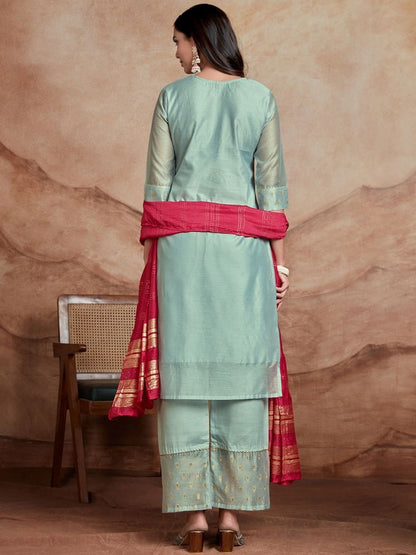 Dhiyona SN Women's Floral Embroidered Sequinned Chanderi Silk Straight Kurta & Palazzo With Dupatta