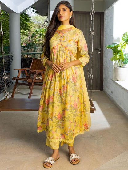 Dhiyona SN Women's Yellow Floral Printed Empire Pure Cotton Anarkali Kurta With Trousers & Dupatta