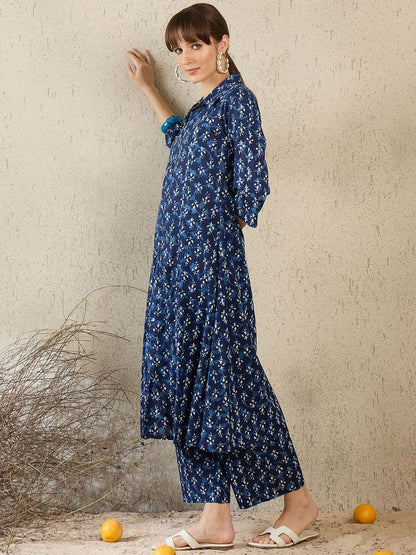 Dhiyona IE Women Printed Shirt Collar Cotton Top and Trousers Co-Ords