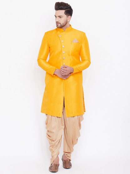 Men's Mustard Silk Blend Straight Sherwani Set