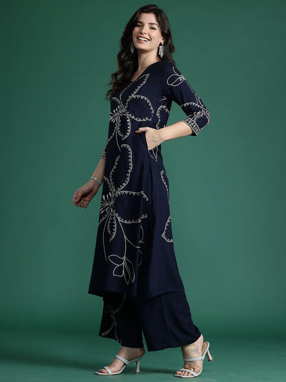 Dhiyona IE Printed V-Neck Straight Tunic With Palazzo