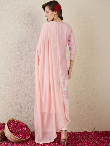 Women Ethnic Motifs Printed Regular Linen Kurta with Trousers & With Dupatta