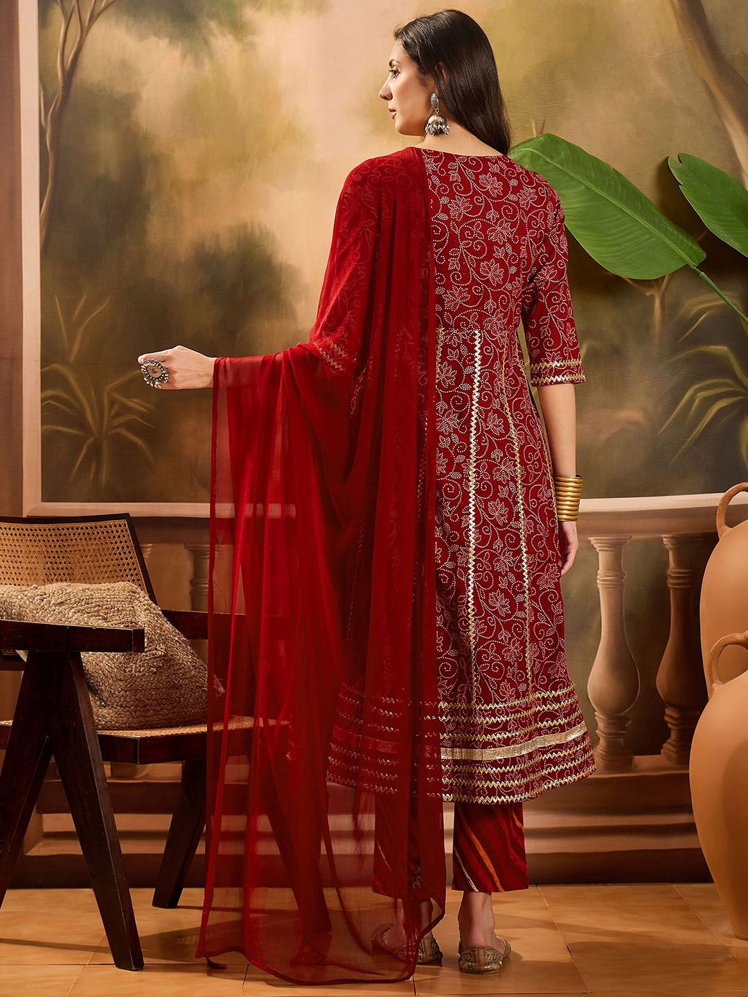 Dhiyona SN Women's Printed With Gota Patti Pure Cotton Anarkali Kurta with Trousers & Dupatta