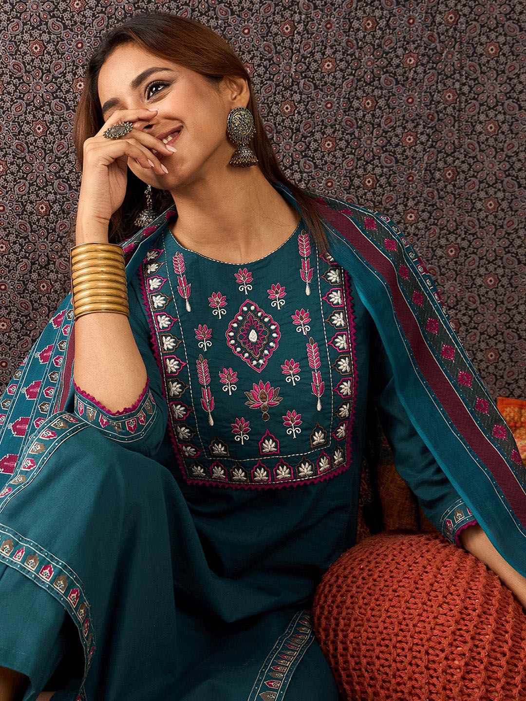 Floral Embroidered Thread Work Pure Cotton Straight Kurta With Trouser & Dupatta