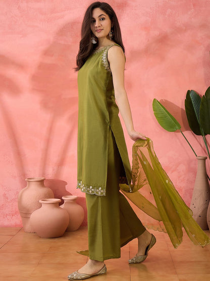 Dhiyona SN Women's Parrot Green Floral Sequinned Round Neck Straight Kurta With Palazzos And Dupatta