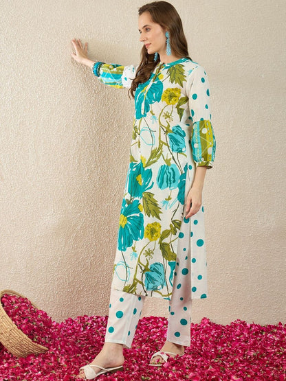Dhiyona IE Printed Mandarin Collar Three-Quarter Sleeves Pure Cotton Tunic And Trousers