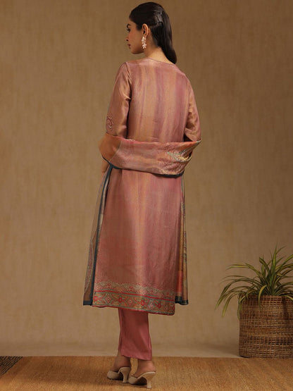 Dhiyona SO Women's Floral Printed V-Neck Beads And Stones Straight Kurta With Trousers And Dupatta