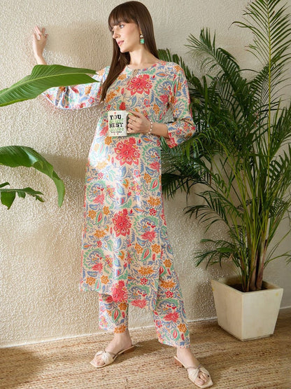 Dhiyona IE Printed Round Neck Three-Quarter Sleeves Tunic And Trousers