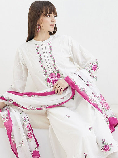 Floral Embroidered Thread Work Pure Cotton Kurta With Trousers & Dupatta