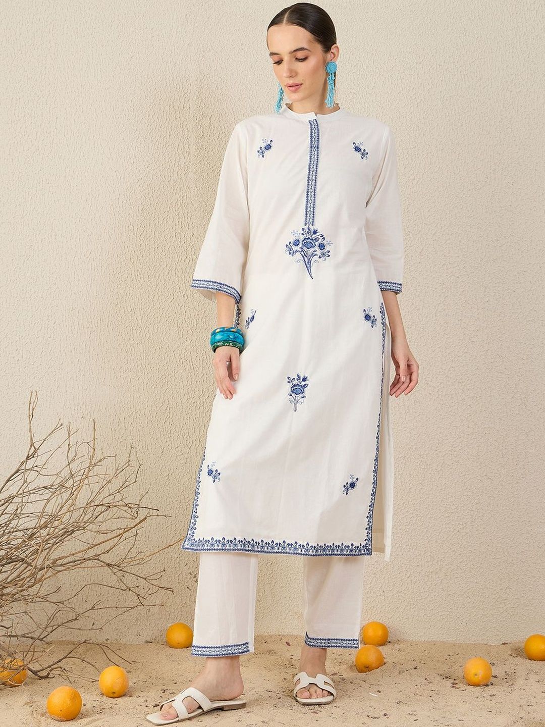 Women Ethnic Motifs Embroidered Thread Work Pure Cotton Kurta with Trousers