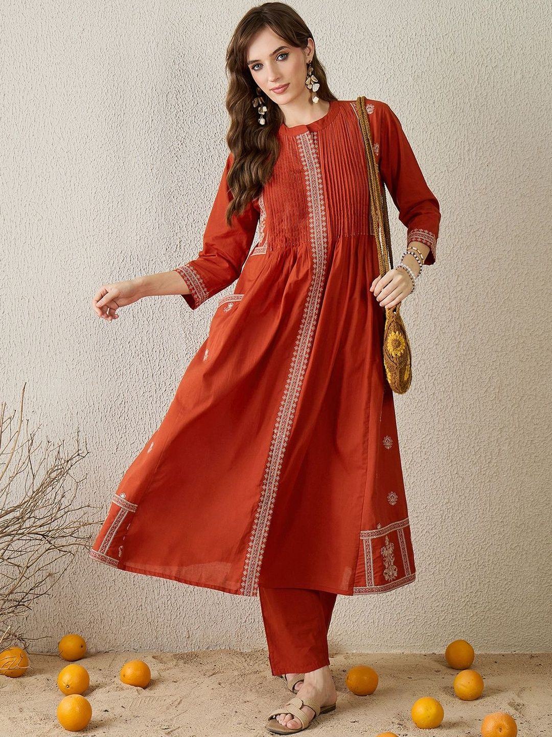 Women Ethnic Motifs Embroidered A-Line Cotton Kurta With Trousers