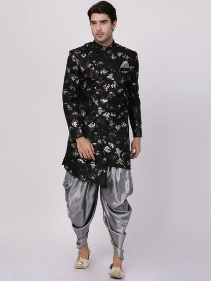Men's Black Polyester Lurex Blend Asymmetric Sherwani Set