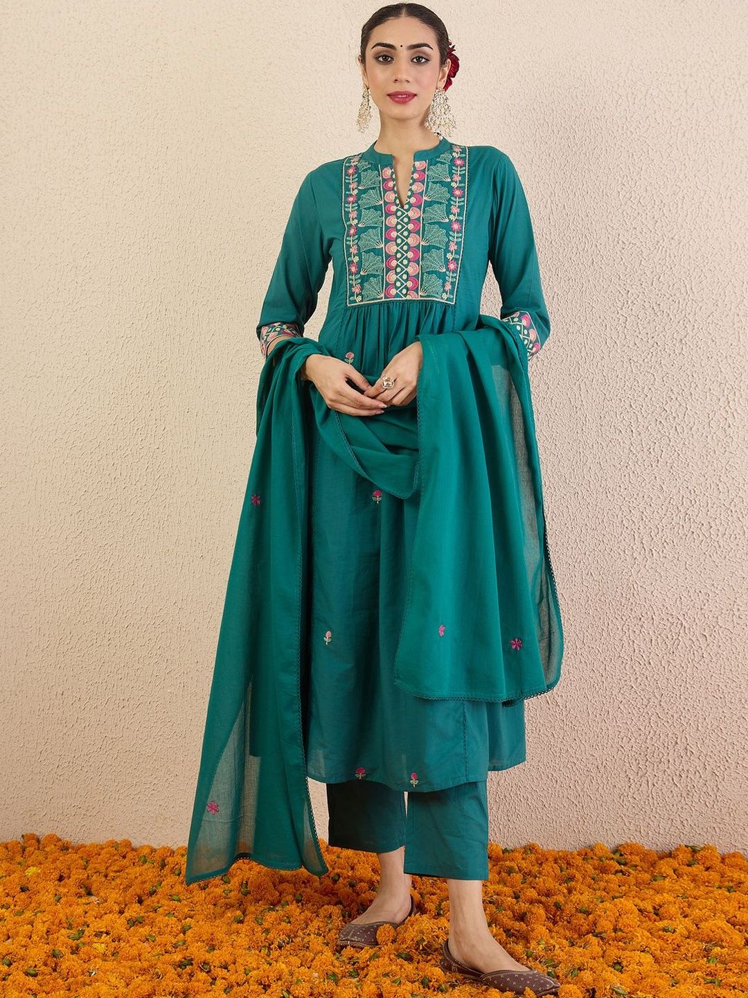 Women Ethnic Motifs Embroidered Cotton A-Line Kurta with Trousers & Dupatta