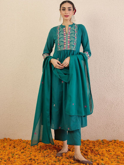 Women Ethnic Motifs Embroidered Cotton A-Line Kurta with Trousers & Dupatta