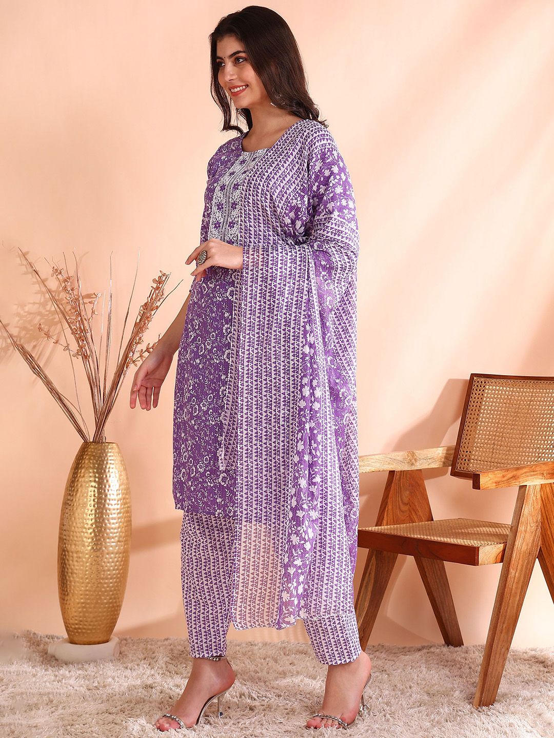 Dhiyona OD  Printed Mirror Work Pure Cotton Kurta With Trouser & Dupatta
