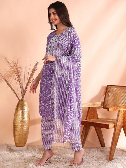 Dhiyona OD  Printed Mirror Work Pure Cotton Kurta With Trouser & Dupatta