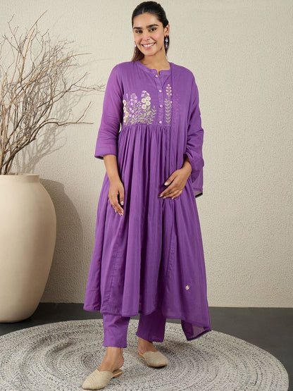 Floral Embroidered Empire Thread Work Pure Cotton Kurta With Trousers & Dupatta