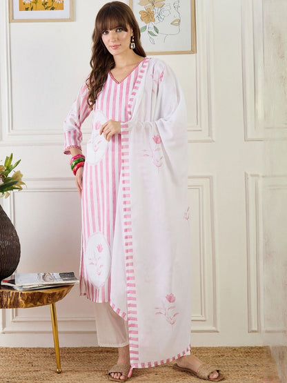 Women Striped Regular Straight Kurta With Trousers & Dupatta