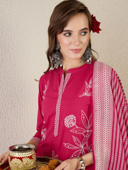 Women Embroidered Beads and Stones Pure Cotton Kurta with Trousers & Dupatta