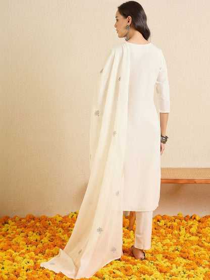 Women Ethnic Motifs Embroidered Regular Thread Work Pure Cotton Kurta with Trousers & With Dupatta