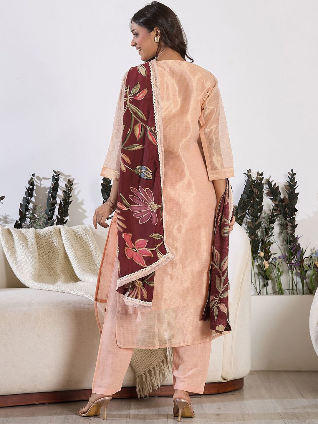 Dhiyona IE Floral Embroidered Thread Work Pure Cotton Kurta With Trousers & Dupatta