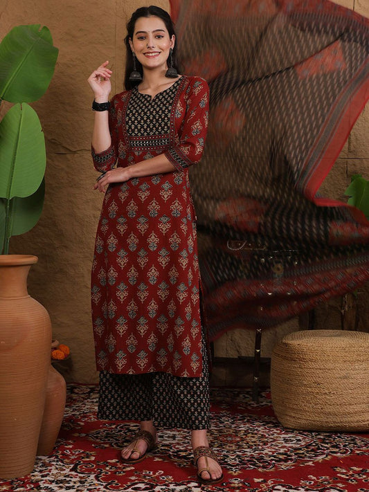 Dhiyona SN Women's Printed Pure Cotton Round Neck Straight Kurta & Palazzo With Dupatta