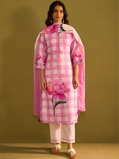 Women Floral Printed Regular Thread Work Linen Kurta with Trousers & With Dupatta