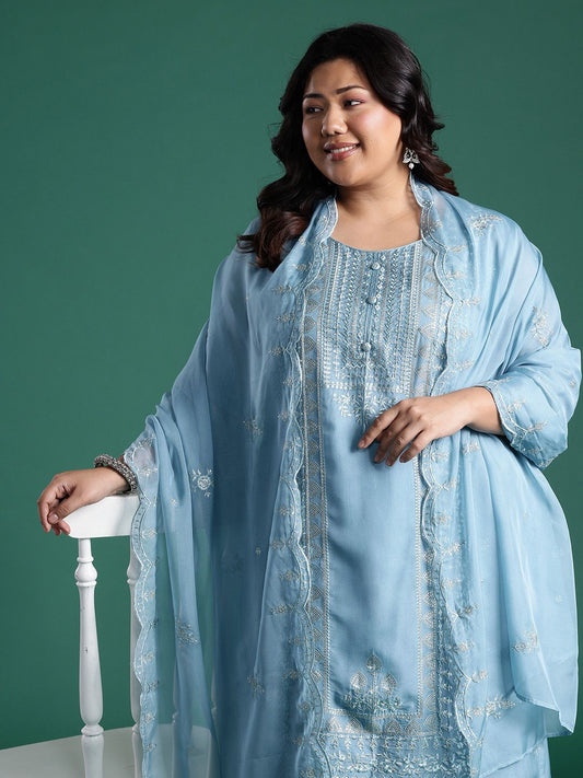 Embroidered Sequinned Kurta With Trousers & Dupatta