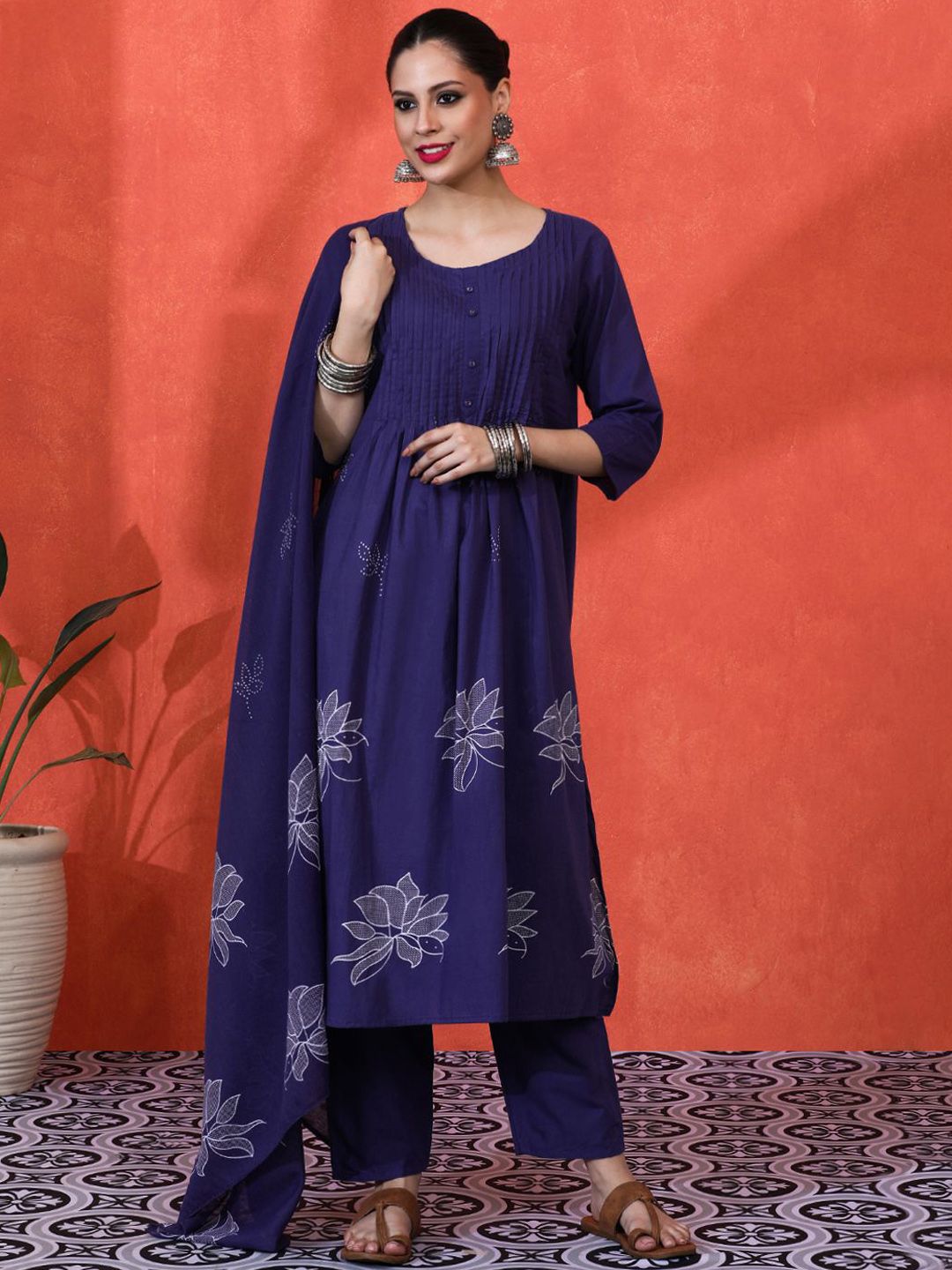Dhiyona SN Women's Floral Printed Pure Cotton A-Line Kurta And Trousers With Dupatta