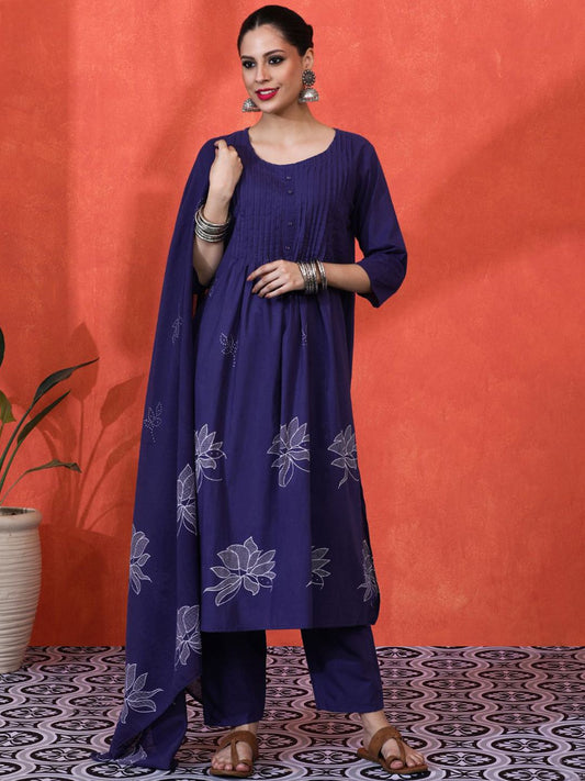 Dhiyona SN Women's Floral Printed Pure Cotton A-Line Kurta And Trousers With Dupatta