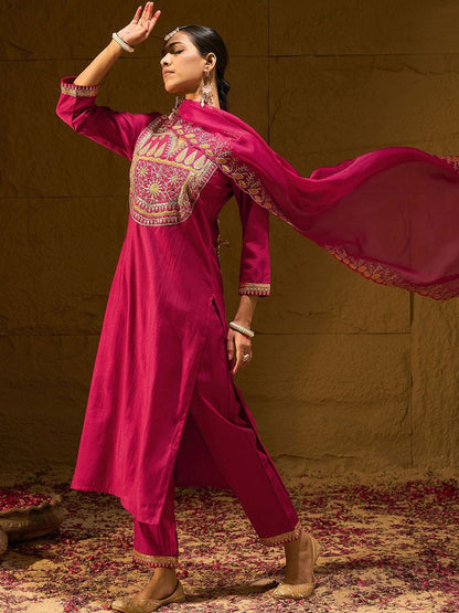 Dhiyona IE Ethnic Motifs Embroidered Sequinned Liva Straight Kurta With Trousers & Dupatta