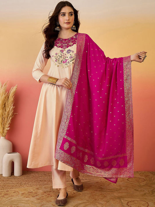 Dhiyona SN Women's Floral Yoke Design Panelled Thread Work A-Line Kurta With Trouser And Dupatta