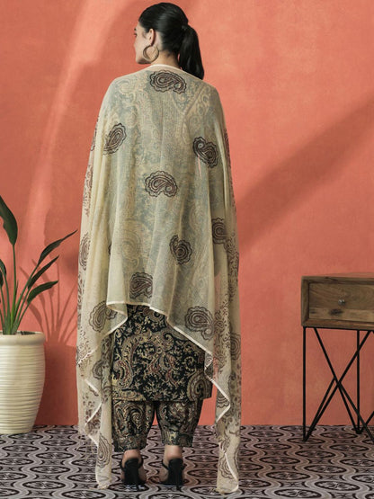 Dhiyona SN Women's Paisley Printed V-Neck Beaded Pure Cotton Straight Kurta With Salwar And Dupatta