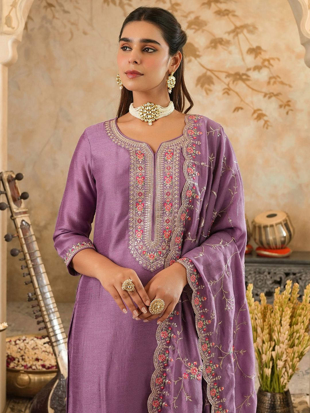 Dhiyona IE Women Floral Embroidered Kurta with Trousers & Dupatta