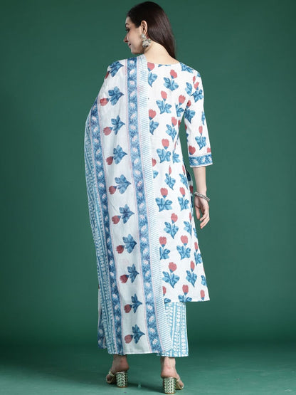 Women Floral Printed Regular Pure Cotton Kurta with Trousers & With Dupatta