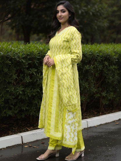 Chevron Printed V-Neck Pure Cotton Straight Kurta & Salwar With Dupatta