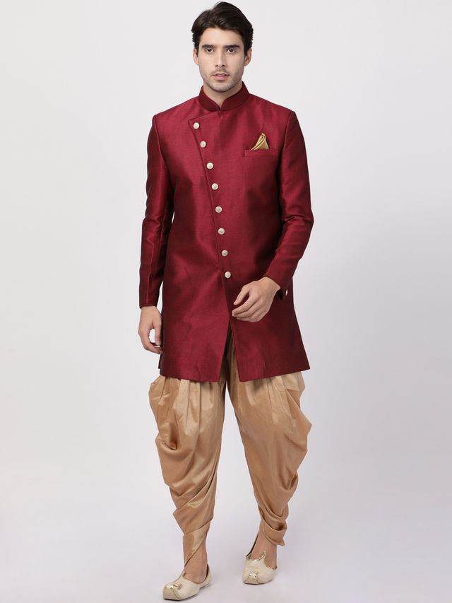 Men's Maroon Silk Blend Straight Sherwani Set