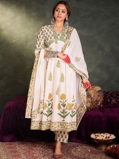 Dhiyona IE Floral Printed Empire V-Neck Pure Cotton A-Line Kurta With Trousers And Dupatta