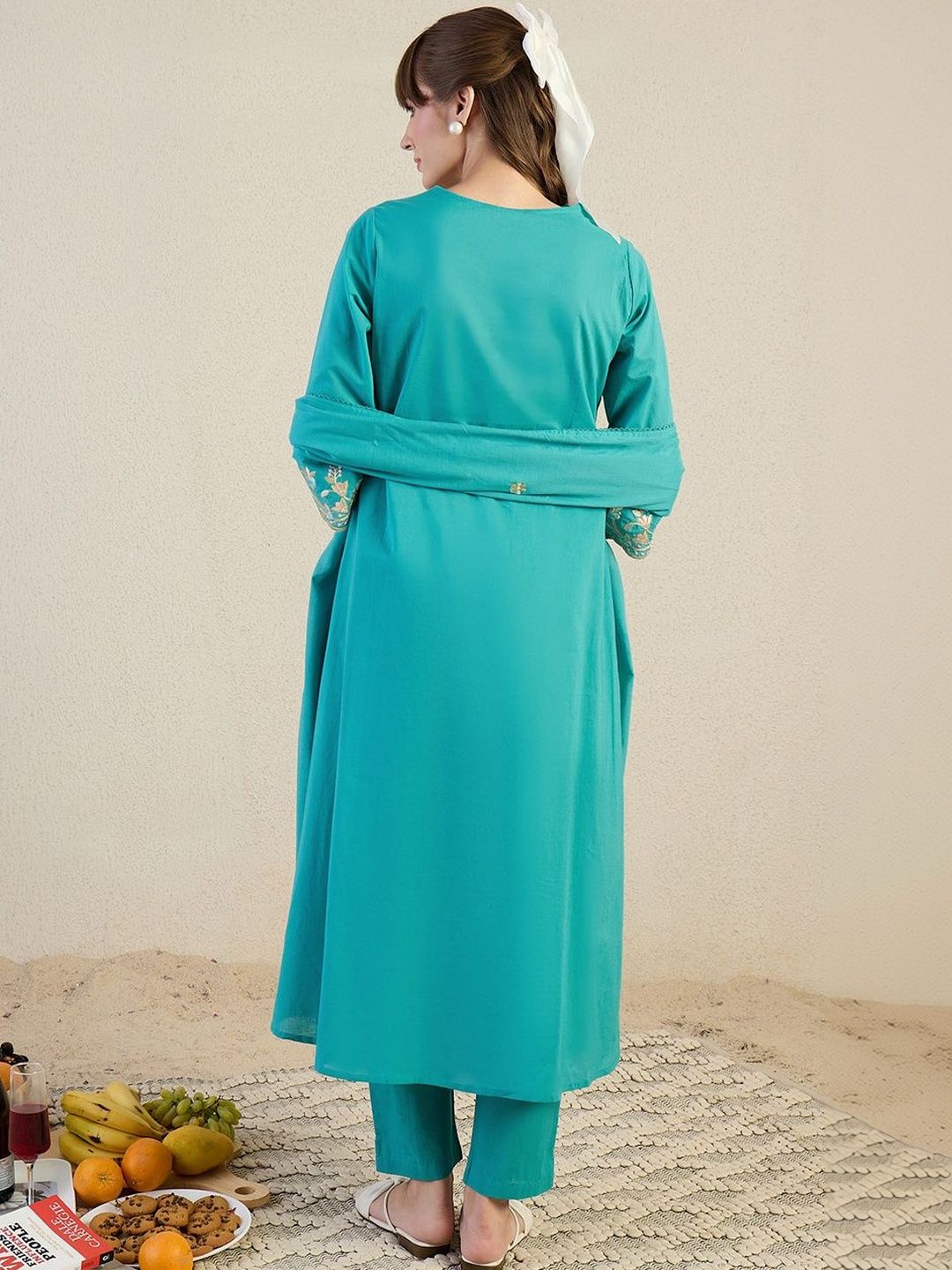 Women Ethnic Motifs Embroidered Panelled Thread Work Pure Cotton Kurta with Trousers & With Dupatta