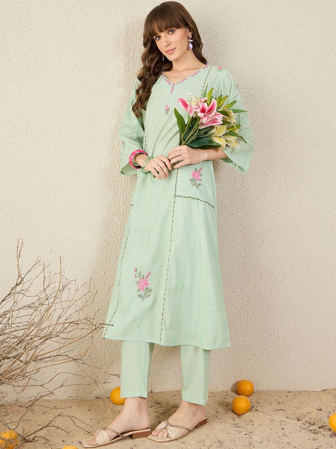 Women Embroidered Beads and Stones Pure Cotton Kurta with Trousers